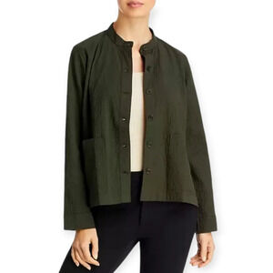 Eileen Fisher Organic Cotton Pucker Mandarin Collar Jacket Green Oversize XS